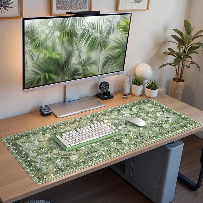 Large Mouse Pad for Desktop, Cute Desk Mat Pad Protector for Work, Aesthetic Pretty Anti-Slip Keyboard Cover for Office School Home Supplies, Green Floral, 35.4" x 15.7"