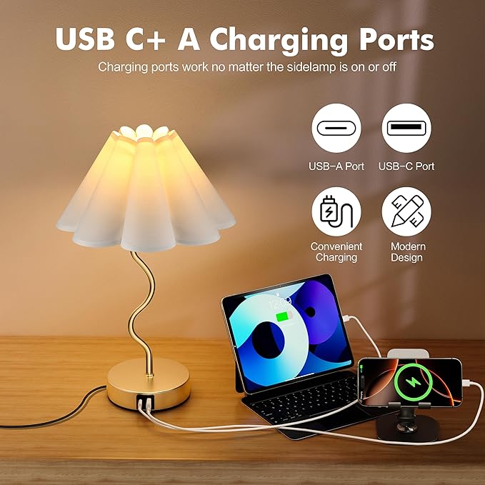 Small Table Lamp Pleated Table Lamp 3 Way Dimmable Touch Lamps for Night Stands with USB C+A Ports Bedside Nightstand Lamp Morden Desk Lamp for Bedroom Home Kitchen Living Room Kids Room Nursery