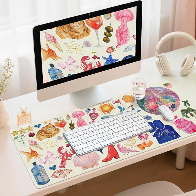 Desk Mat, Leather Desk Pad Blotter Protector, XXL Large Mouse Pad,Computer Laptop Mouse Pads for Desktop,Waterproof Writing Anti-Slip Mousepad for Office and Home I Cream Trendy Stickers