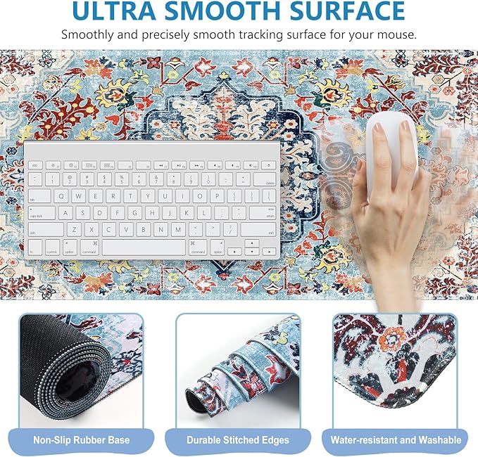 iLeadon Ergonomic Mouse Pad Set, Boho Desk Mat + Mouse Pad with Wrist Rest + Keyboard Wrist Rest + Coaster, 4in1 Mouse and Keyboard Pad Set for Home Office, Boho Rug Blue