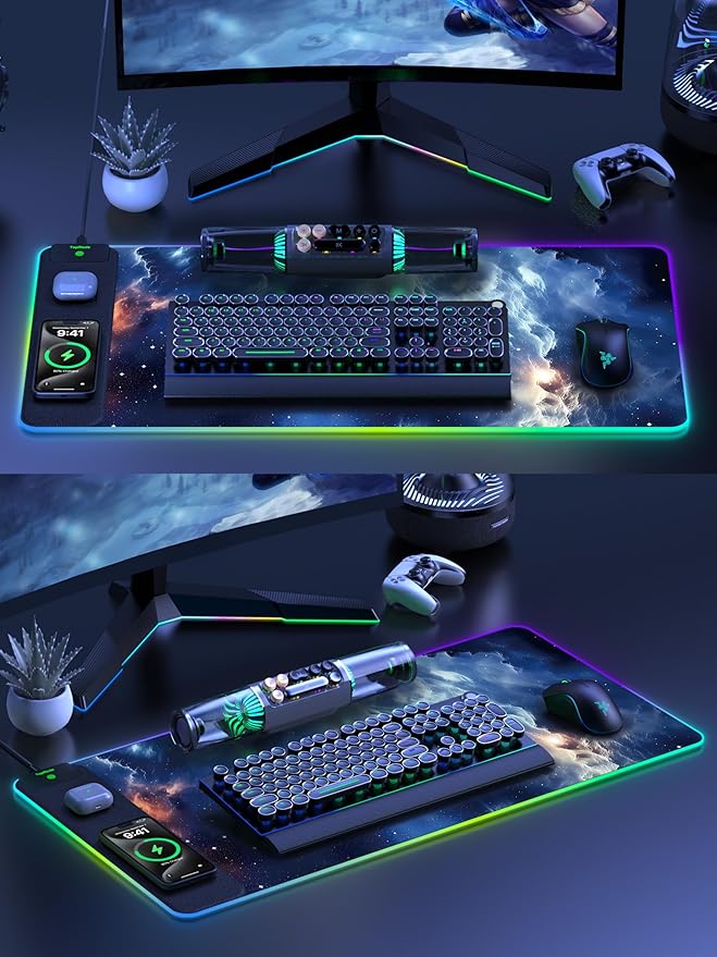 Wireless Charging Mouse Pad, RGB Gaming Mousepad Home Office Desk Pad, 31.5” x 15.8” XXL Large Desk Mat, Waterproof Keyboard Pad, Blue Nebula(Includes 20W PD Power Adapter & 6.56ft Woven Cable)