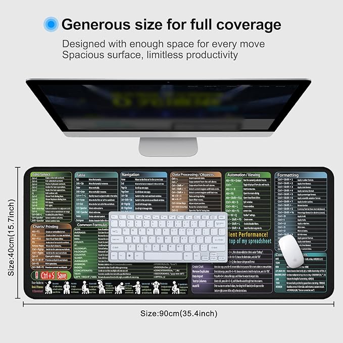 secret corner Mouse Pad with Excel Cheat Sheet Desk Pad, Large Waterproof Non-Slip Desk Mat with Printed Keyboard Shortcuts for Work, Study, Computer, or Gaming (35.4 x 15.7 in)