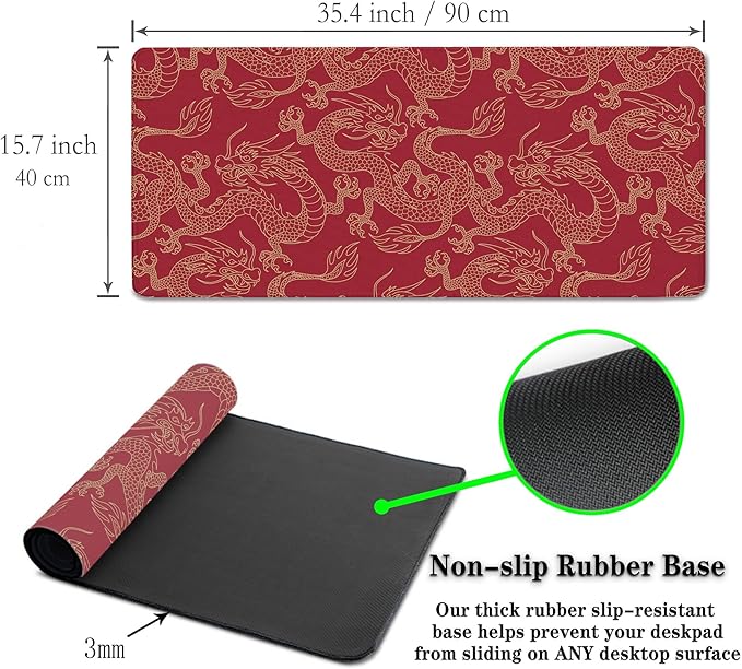 Keyboard Pad Red, Gaming Mousepad Desk Pad Big Mouse Pads Desk Decor for Men, 900X400 Mouse Pad Waterproof Non-Slip Rubber Base, 35.4 X 15.7 inch for Work/Game/Office/Home Chinese Dragon