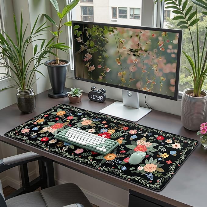 iCasso Floral Desk Mat for Keyboard and Mouse,Cute Gaming Mouse Pad XXL,Anti-Slip Desk Matt for Desktop,Soft Lycra Surface Computer Mat Women,Girly Big Mousepad for Home Office (Black Floral)