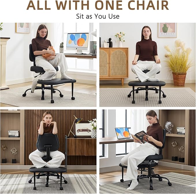 Ergonomic Criss Cross Legged Office Chair, ADHD Chair, Wide Height Adjustable Seat 360° Swivel Footstool with Wheels, PU Leather Meditation Kneeling Chair, for The Restless Home Workers, Black