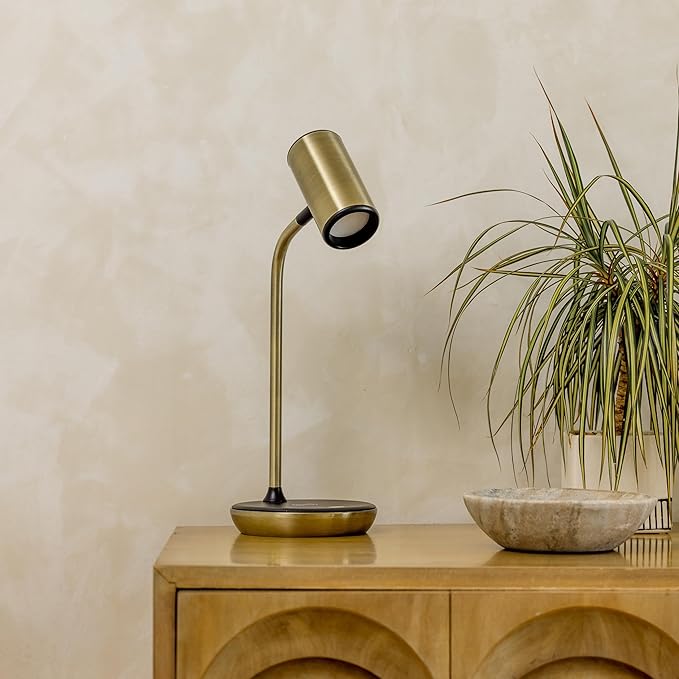 Brightech Ezra Office Desk Lamp – Wireless Charging Pad and Color Temperature Changing Light Options – Living Room or Den Table Light for Art Deco, Mid-Century, Contemporary Décor - Brass