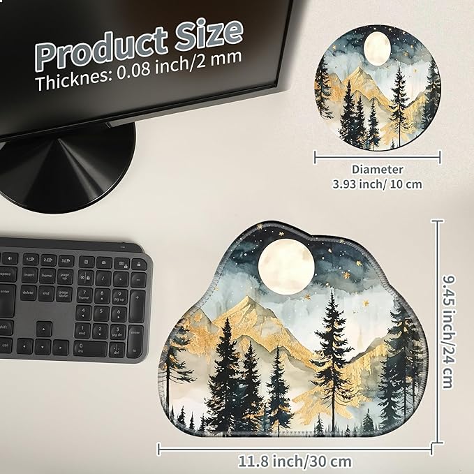 Cute Mouse Pad Plus 1 Coaster, Small Gaming Mouse Mat 11.8 x 9.45 inches, Travel Mouse Pads with Durable Stitched Edges Non-Slip Base, Landscape Forest Decor Mousepad for Office Home