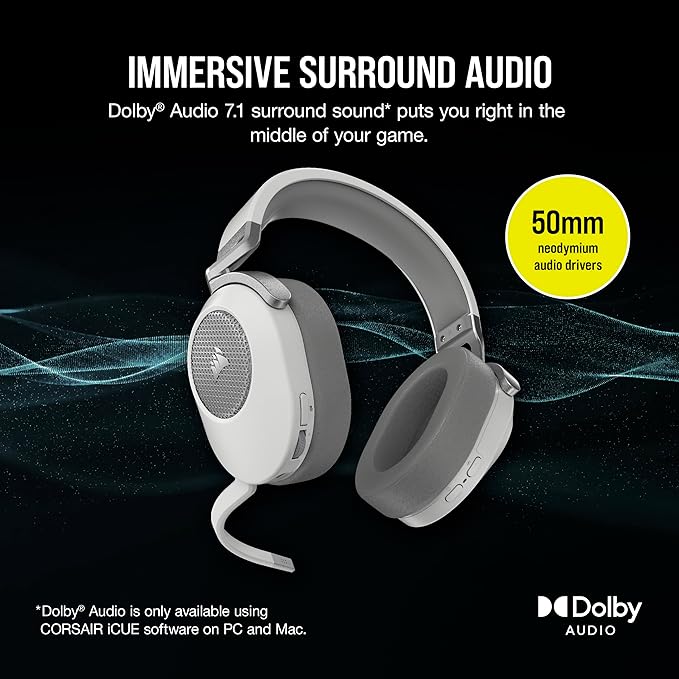 Corsair HS65 Wireless Multiplatform Gaming Headset with Bluetooth - Dolby Audio 7.1 - Omni-Directional Microphone - iCUE Compatible - PC, Mac, PS5, PS4, Mobile - White