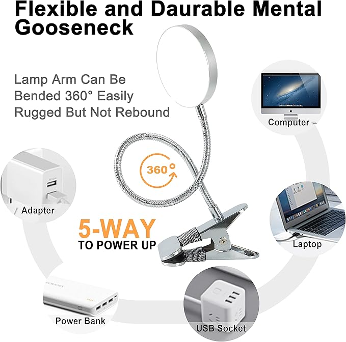 Clip-on Lamp Reading Light - 5 Color Modes, 10 Brightness Levels, 8W, 66 LED, Eye-Caring Metal Clamp Light with Gooseneck for Bed, Headboard, Desk, Video Conferencing, Makeup