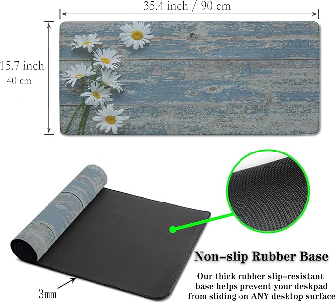 Computer Desk Mat Mouse Pad, Big Non-Slip Rubber Base Mousepad for PC, Work, Game, Office, Home - 35.4 X 15.7 Inch - Daisy Flowers on Old Wooden