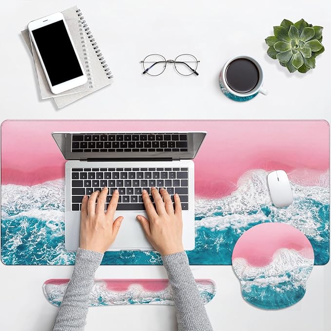 Britimes Blue Sea Keyboard Mouse Pad Set Pink Sand Beach 4in1 Large Mousepad+Keyboard Wrist Rest+Mouse Wrist Rest+Coaster Set with Ergonomic Design for Home Office Computer 35.4x15.7 inches
