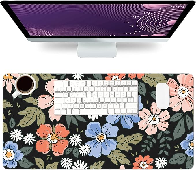 Desk Mat Large Protector Pad 31.5" ×15.7", Non-Slip PU Leather Desk Blotter, Waterproof Mouse Pad for Office Home Wildflower