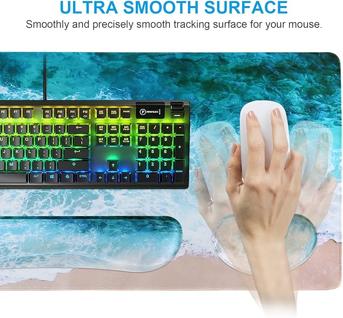 iCasso Keyboard Mouse Pad Set, Extended Gaming Mouse Pad + Keyboard Wrist Rest Support, Memory Foam, Easy Typing & Comfort, 3Pcs (35.4×15.7 in) Large Ultra Thick Mousepad Desk Mat (Beach)