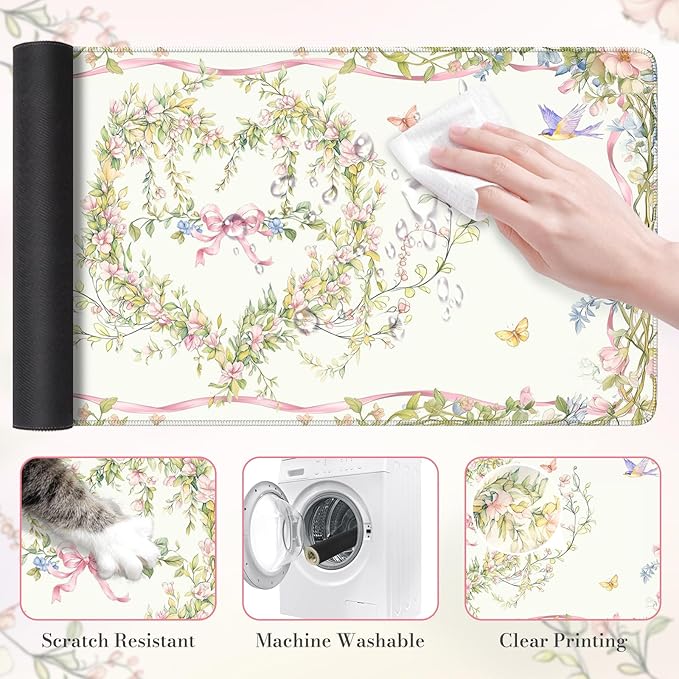 HAOCOO Floral Bow Cute Desk Mat,Sweet Heart Keyboard Mats for Desk, XXL Mouse Pad with Non-Slip Rubber Base, Desk Pad Mat with Stitched Edges, Waterproof Computer Mats for Desktop, Desk Pad Protector