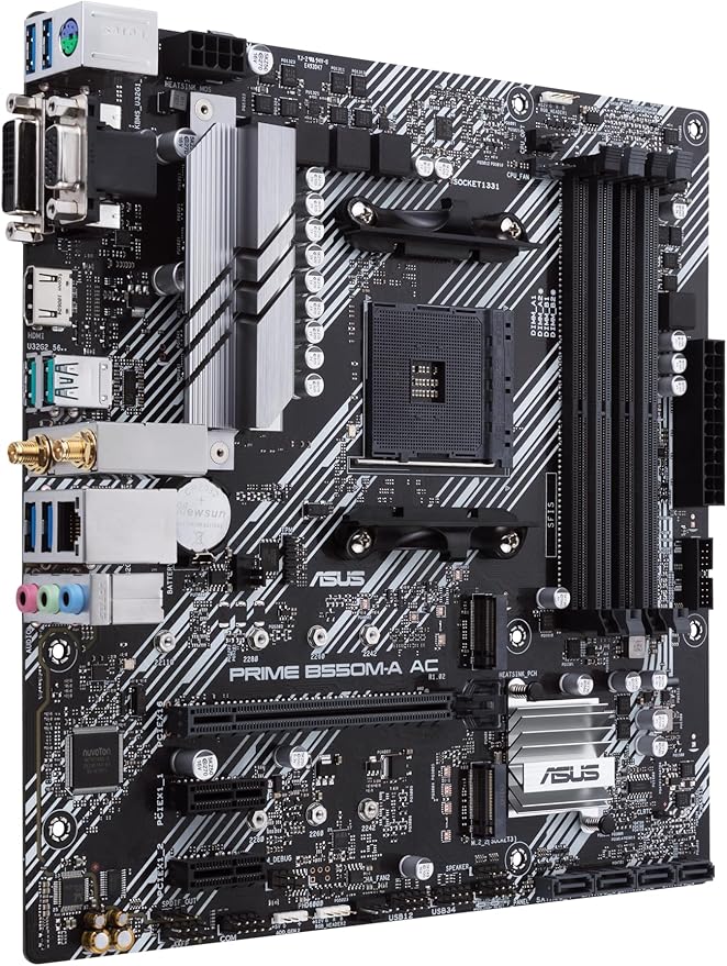 ASUS Prime B550M-A AC AMD AM4 (3rd Gen Ryzen™) Micro ATX Motherboard (PCIe 4.0, WiFi, ECC Memory, 1Gb LAN, HDMI 2.1/D-Sub, 4K@60HZ, Addressable Gen 2 RGB Header and Aura Sync)