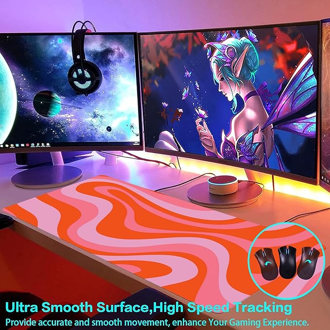 Large Gaming Mouse Pad for Desk,Hippie Groovy Waves Desk Mat for Desktop,Retro Groovy Swirls Desk Pad,Extended Big Computer Keyboard Mouse Pad with Non-Slip Base and Stitched Edge 35.4"x15.7"