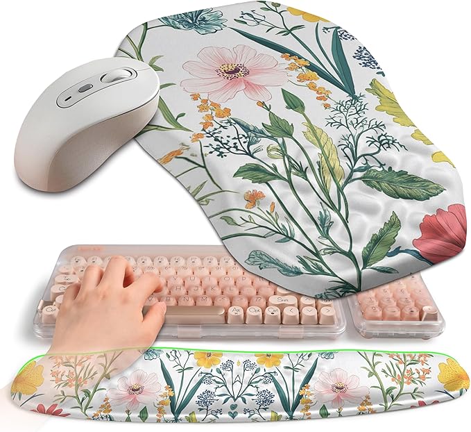 2-in-1 Ergonomic Set, Wave Keyboard Wrist Rest and Massage Slope Mouse Pad Wrist Support, Rebound Memory Foam for Ergonomic Comfort (Pink Flowers)