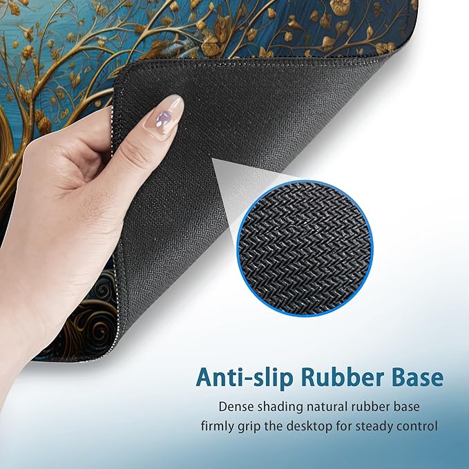 Desk Mat,Blue Golden Tree and Waves Extended Gaming Mouse Pad Large, 31.5"x11.8" 3D Modern Art Landscape Mouse Pad with Non-Slip Base and Stitched Edge,Computer Keyboard Mouse Mat for Home Office