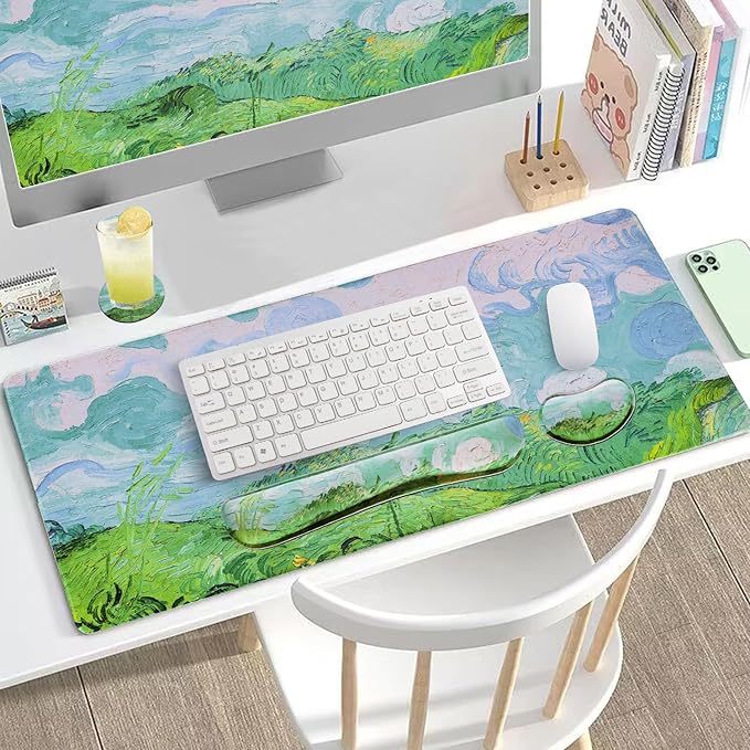 Bloss Green Mouse Pad with Wrist Support, XL Desk Mat for Desktop, Wrist Rest with Mouse and Keyboard Pad, Desk Pad Protector for Office and Home-Green Wheat Field(35.4 x 15.7 Inches)