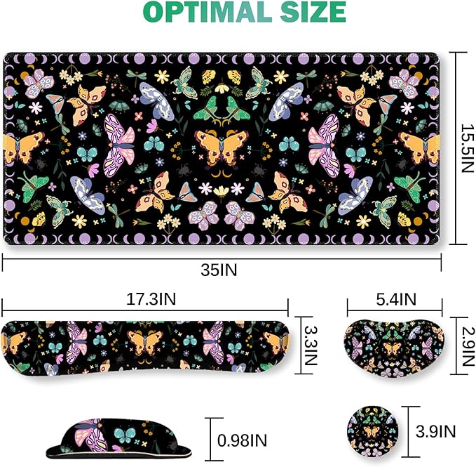 ARTSO Desk Mat Set, Black Butterfly Extended Gaming Mouse Pad with Wrist Rest Support +Keyboard Wrist Rest +Coaster, Large Cute Mousepad, Easy Typing & Comfort