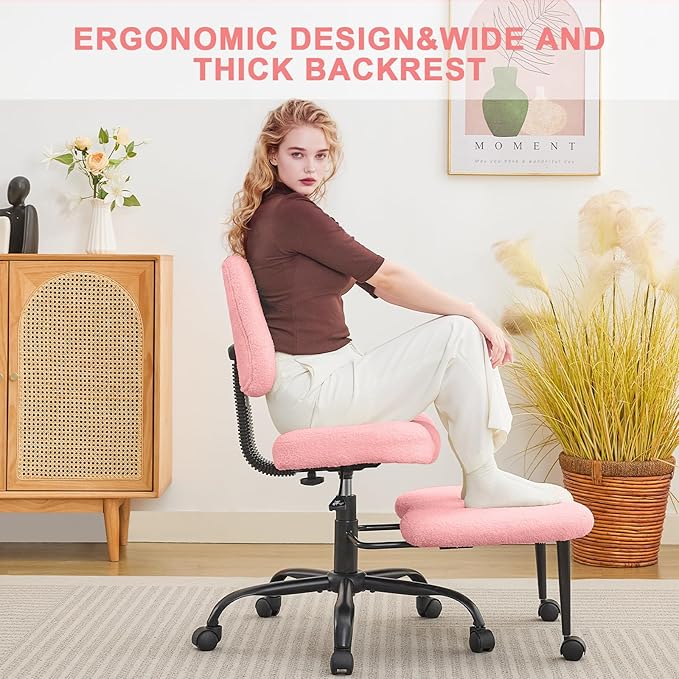 Ergonomic Criss Cross Legged Office Chair, ADHD Chair, Wide Height Adjustable Seat 360° Swivel Footstool with Wheels, Teddy Fabric Meditation Kneeling Chair, for The Restless Home Workers, Pink