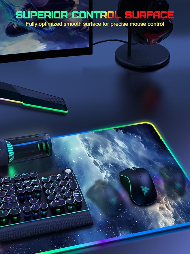 Wireless Charging Mouse Pad, RGB Gaming Mousepad Home Office Desk Pad, 31.5” x 15.8” XXL Large Desk Mat, Waterproof Keyboard Pad, Blue Nebula(Includes 20W PD Power Adapter & 6.56ft Woven Cable)