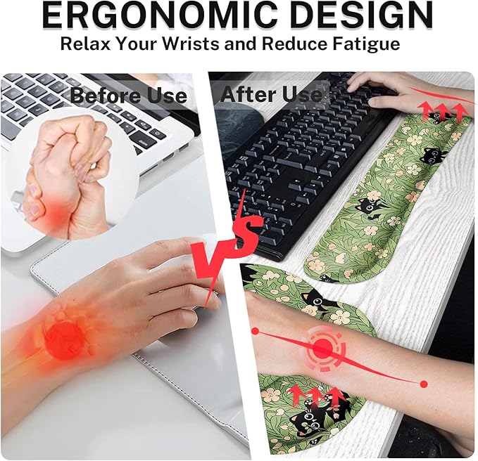 Arttown Cute Black Cat Desk Mat Pink Flower Green Leaves Mouse Pad Set 4 in 1 Ergonomic Design Large Desk Pad + Keyboard Wrist Rest + Mouse Wrist Rest + Coaster Suitable for Home Office Study Game