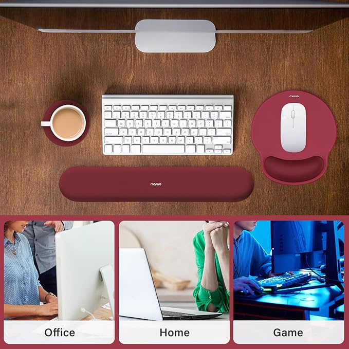 MOSISO Wrist Rest Support for Mouse Pad&Keyboard Set, Circle Curved Ergonomic Mousepad&Coaster Non-Slip Base Home/Office Wrist Support&Easy Typing Pad with Soft Cloth&Silicone Lining, Wine Red