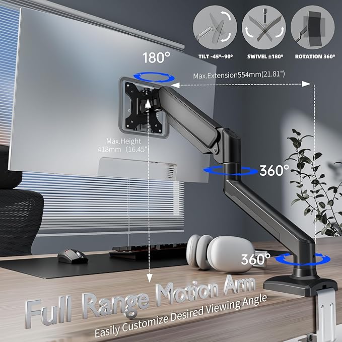 Single Monitor Arm Desk Mount，Gas Spring Monitors Arm for 17-32 inch Screens,Adjustable Computer Monitors Stand up to 4.4 to 19.8 lbs,Vesa Mount with Clamp and Grommet Base, VESA 75 & 100mm,Single