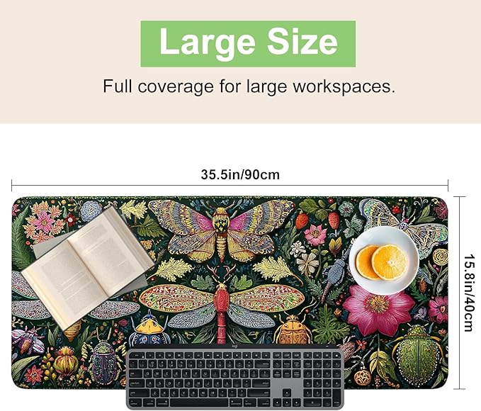Desk Mat, XXL Extended Gaming Pad for Desktop, 35x16 Inches Butterflies and Dragonflies Garden Scene, Large Non-Slip Vegan Leather Keyboard Mouse Mat for Home Office