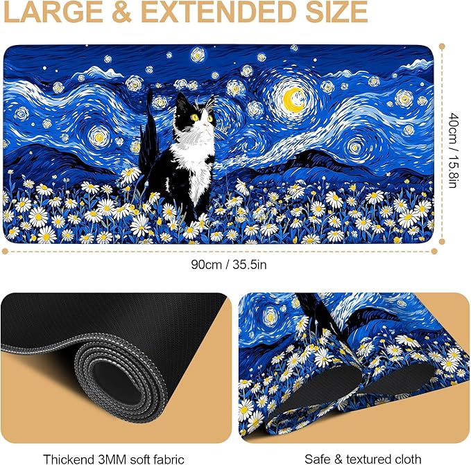 Large Mouse Pad & Keyboard Mat 35x16 Inches, Van Gogh Starry Night with Cat and Daisy Non-Slip Rubber Base Desk Mat, Large Extended Desk Protector for Home Office Gaming Setup