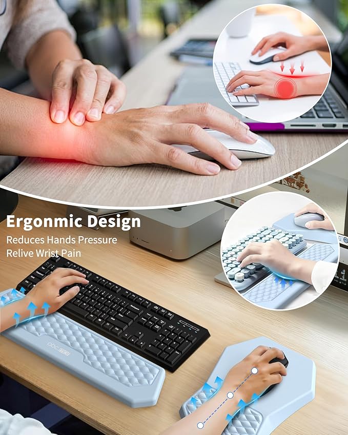 Ergonomic Mouse Pad and Keyboard Wrist Rest Support Set, Massage Design Mousepad for Carpal Tunnel, Memory Foam, Non-Slip PU Base for Computer Desk, Baby Blue