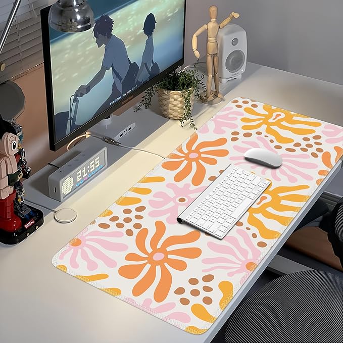 iCasso Desk Matt for Desktop, Cute Desk Pad Mat, XXL Large Mouse Pad, Anti-Slip Big Mousepad with Stitched Edges, Keyboard Pad Mouse Mat for Computer, Work, Gaming (Yellow Flower)