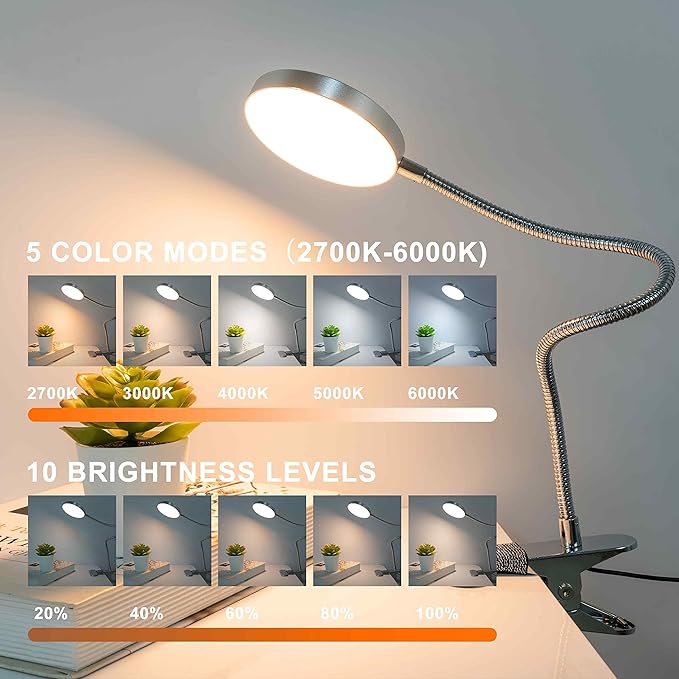 Clip-on Lamp Reading Light - 5 Color Modes, 10 Brightness Levels, 8W, 66 LED, Eye-Caring Metal Clamp Light with Gooseneck for Bed, Headboard, Desk, Video Conferencing, Makeup