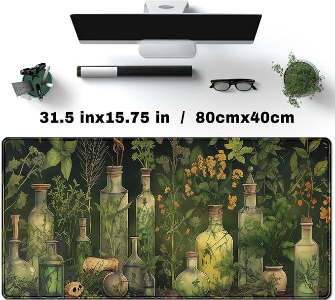 Green Enchanted Apothecary Desk Mat - Large Mouse Pad Mystical Herb Jars with Vines- Gothic Alchemy Bottles & Botanical Curiosities- Witchy Potion Brewer XL Desk Pad Cottagecore Decor 31.5 * 15.7in