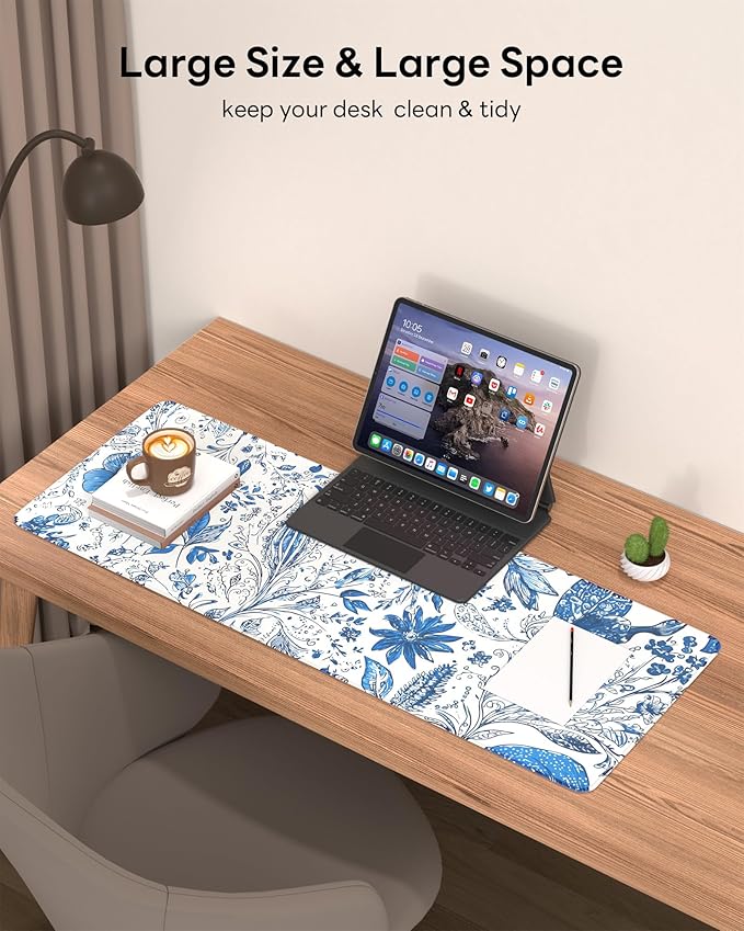 Floral Mouse Pad, 31.5 x 11.8 Large Desk Mat with Stitched Edges & Non-Slip Base, Mousepad for Office, Home, Work, Blue Flower