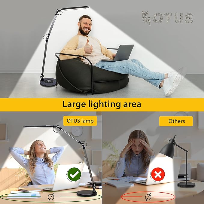 OTUS LED Architect Desk Lamp with Wireless Charging Base, Adjustable Swing Arm, 32 in Tall, 11.8 in Panel, 3 Color Modes, 12 Dimmable Levels, for Home Office Reading Study