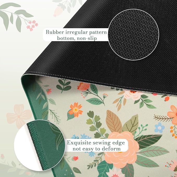 iCasso Floral Desk Mat for Keyboard and Mouse,Cute Gaming Mouse Pad XXL,Anti-Slip Desk Matt for Desktop,Soft Lycra Surface Computer Mat Women,Girly Big Mousepad for Home Office (Green Floral)