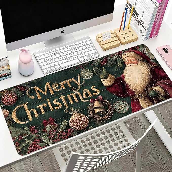 Desk Mat, XXL Extended Gaming Pad for Desktop, 35x16 Inches Vintage Santa, Large Non-Slip Vegan Leather Keyboard Mouse Mat for Home Office