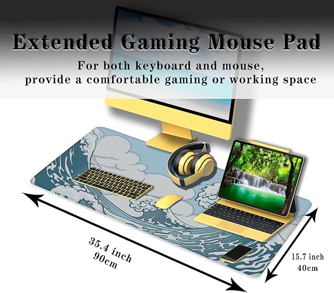 Big Mouse Pad Blue and White, Great Wave Desk Mouse Pads Office Desk Pads, Extra Large Gaming Mouse Pad Non-Slip Rubber Base Waterproof with Stitched Edges, 35.4 X 15.7 inch Japanese Wave