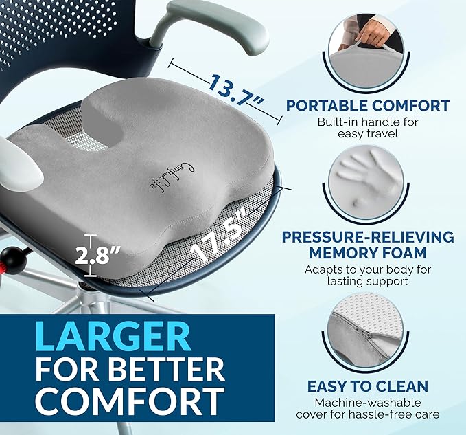 ComfiLife Gel Enhanced Seat Cushion – Office Chair Cushion – Non-Slip Gel & Memory Foam Coccyx Cushion for Tailbone Support - Desk Chair Car Seat Cushion for Driving - Ergonomic Back Comfort (Gray)