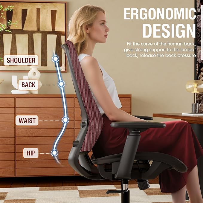 ELABEST Mesh Office Chair,Ergonomic Computer Desk Chair,Sturdy Task Chair- Adjustable Lumbar Support & Armrests,Tilt Function,Comfort Wide Seat,Swivel Home Office Chair (Red)