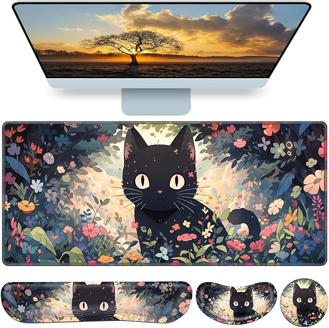 Mouse Pad Anime, Mouse Pad with Wrist Rest, 4-in-1 XXL Large Desk Mat Kawaii Mousepad with Gel Wrist Support Keyboard Wrists Rest Coaster, Ergonomic Gaming Cat Desk Pad, Funny Cute Office Accessories