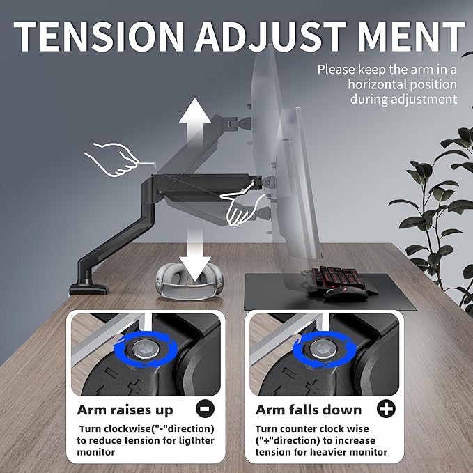 Single Monitor Arm Desk Mount，Gas Spring Monitors Arm for 17-32 inch Screens,Adjustable Computer Monitors Stand up to 4.4 to 19.8 lbs,Vesa Mount with Clamp and Grommet Base, VESA 75 & 100mm,Single