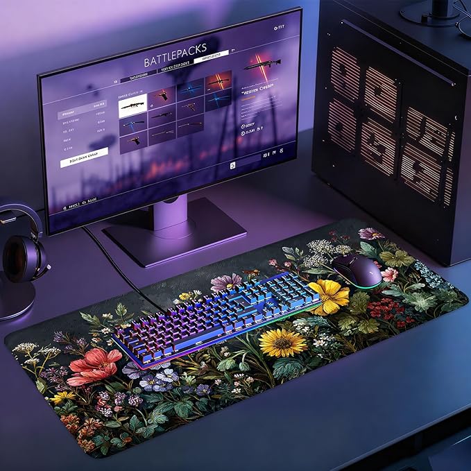 Desk Mat, XXL Extended Gaming Pad for Desktop, 31x12 Inches Vibrant Floral Colorful Flower Bouquet, Large Non-Slip Vegan Leather Surface with Stitched Edges, Keyboard Mouse Mat for Home Office