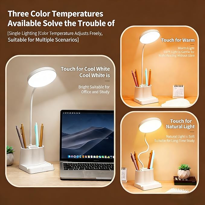 LED Desk Lamp for Home Office, 360° Rotating Gooseneck Small Table Lamp with USB Charging Port, Eye-Care Reading Dimmable Desk Light with Pen Phone Holder, 12 Colored Pencils, White