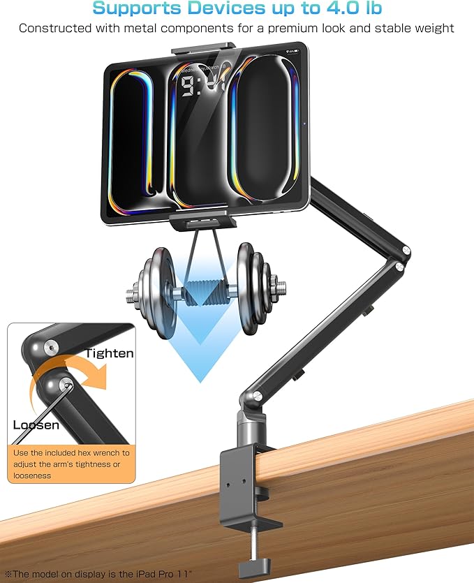 Tablet Arm Stand for Desk, Portable Monitor Stand Holder 15.6'',17.3'', Aluminum Alloy Foldable Arm Mount with 360° Rotating Desk Mount Compatible with 4.7-17.3inch Tablet, Cell Phone (Black)