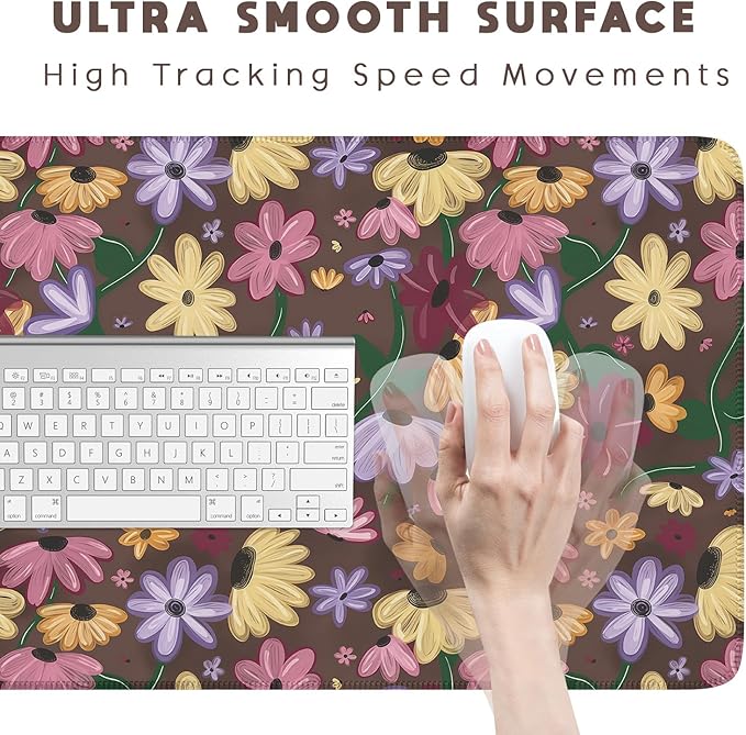 Pastel Floral Desk Mat - Retro CottagecoreBlooming Colorful Flowers Large Mouse Pad for Women Girls, Non-Slip XL Gaming Pad for Vibrant Study Office Cubicle Decor 31.5x15.7in