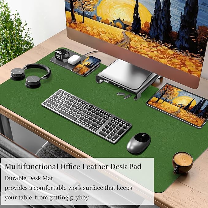 Green Leather Desk Mat, Dual-Side Use Desk Matt for Desktop, Waterproof Computer Mats for Office/Study/Home