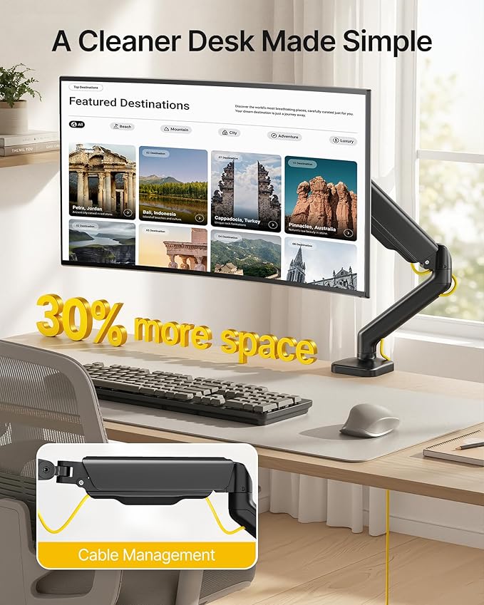 monTEK Single Monitor Arm Fully Motion Adjustable Monitor Mount Fits 17-32 inch Screens Desk Monitor Stand up to 19.8lbs with Clamp/Grommet, Cable Management, Quick Release Plate, VESA 75/100mm